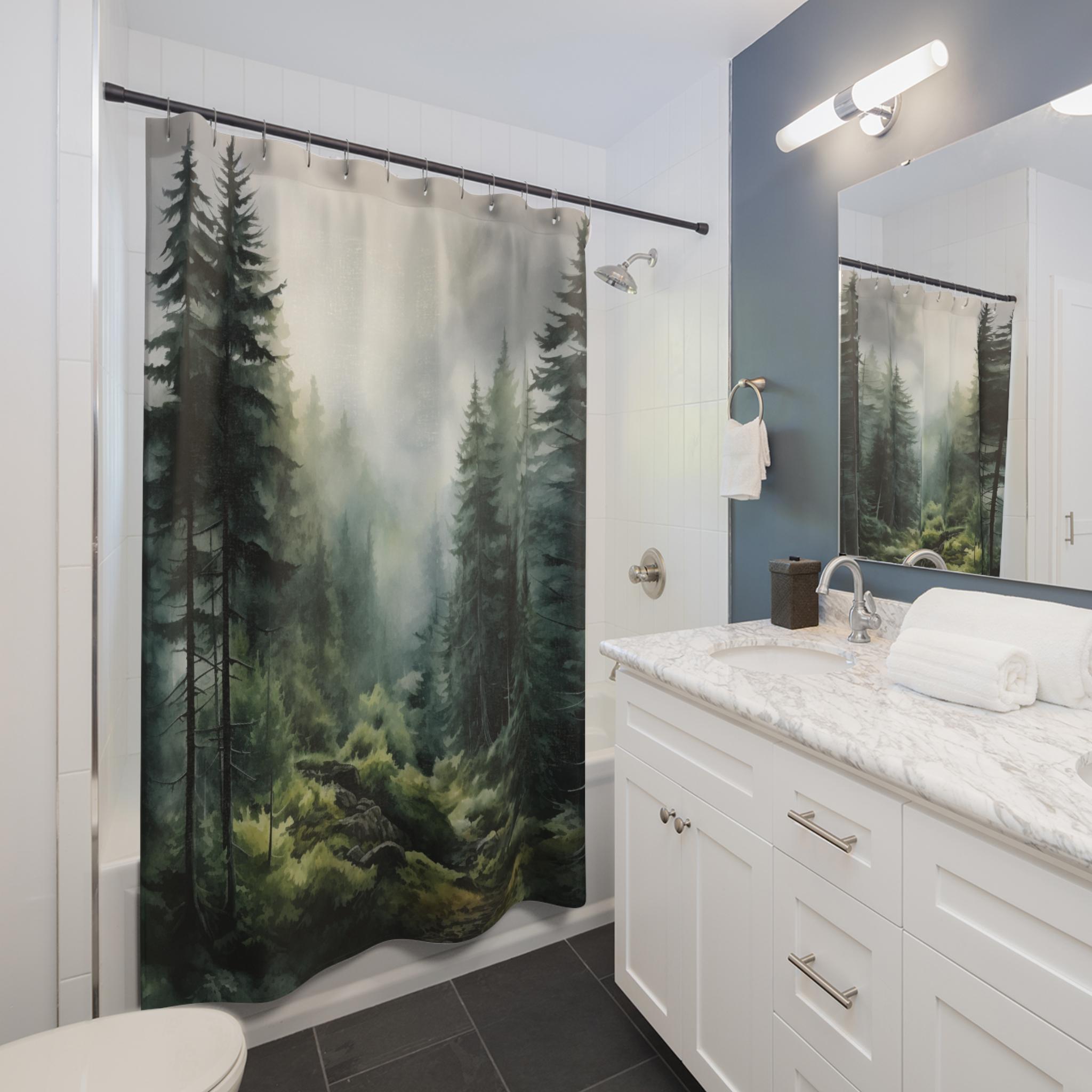 Rustic Misty Mountain Shower Curtain | Grey Green Blue Wilderness