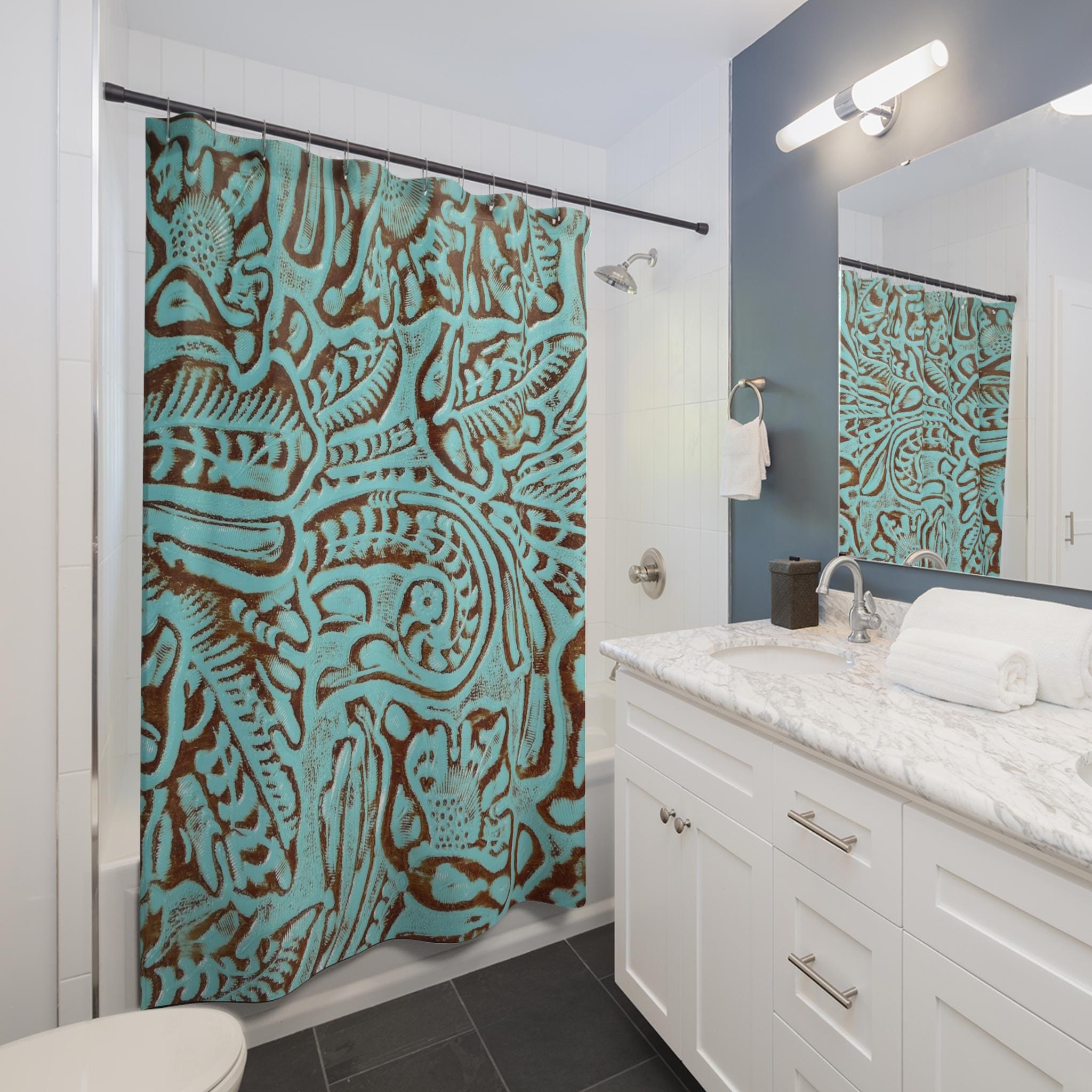 Rustic Western Boho Turquoise Brown Shower Curtain | Farmhouse Bathroom