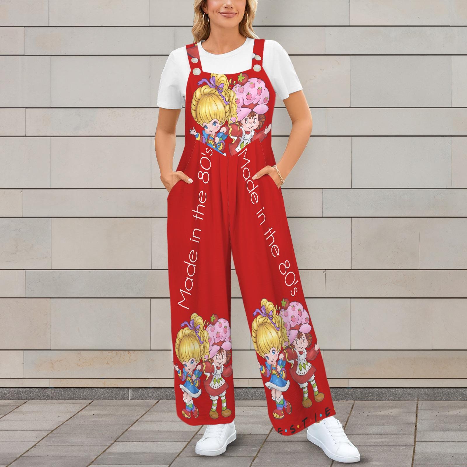 Red 80’s Retro Cartoon Besties Jumpsuit Jumper Overalls | Red | Small–5XL
