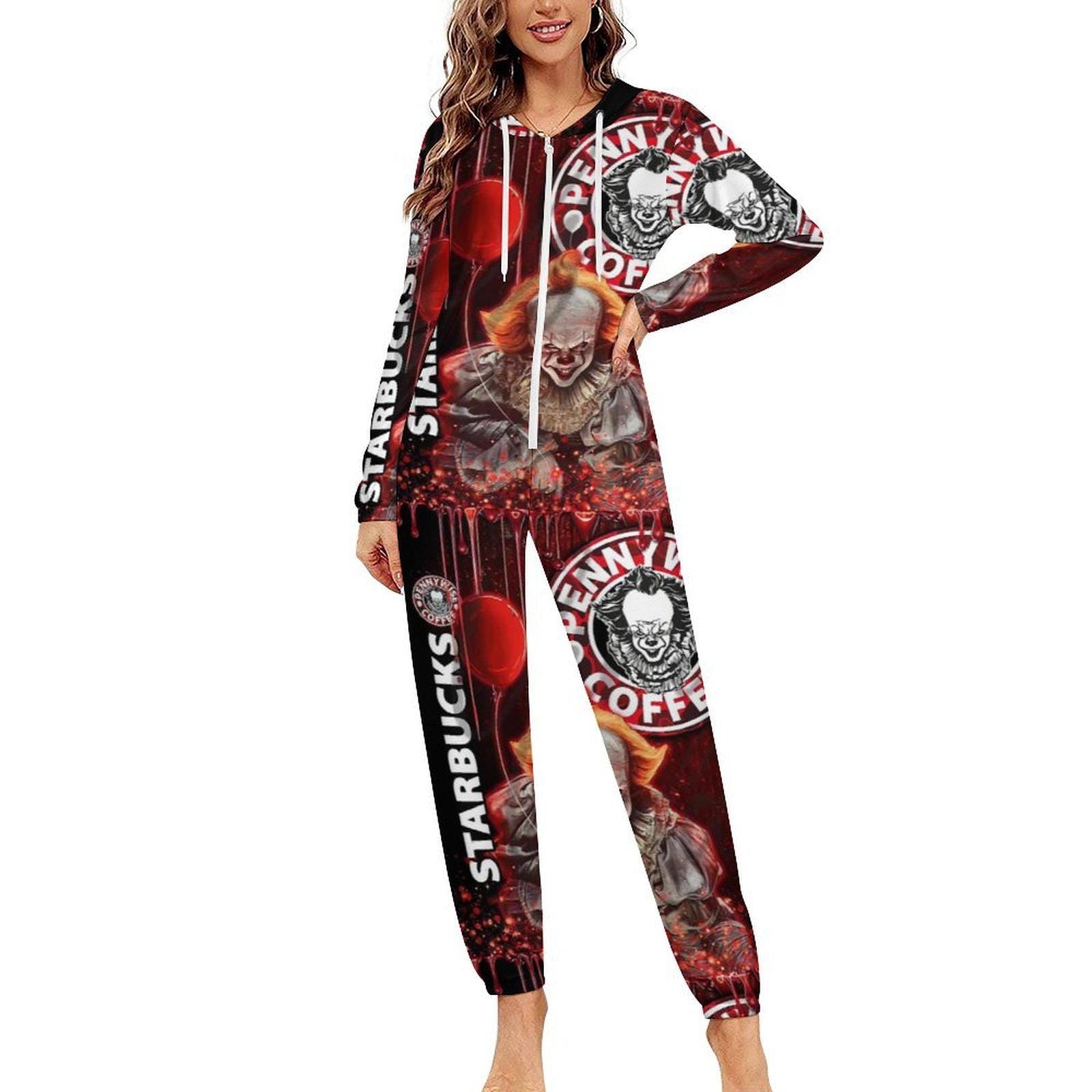Pennywise Starbucks Coffee Unisex Red Creepy All-in-One Pajamas Jumpsuit Small–4XL