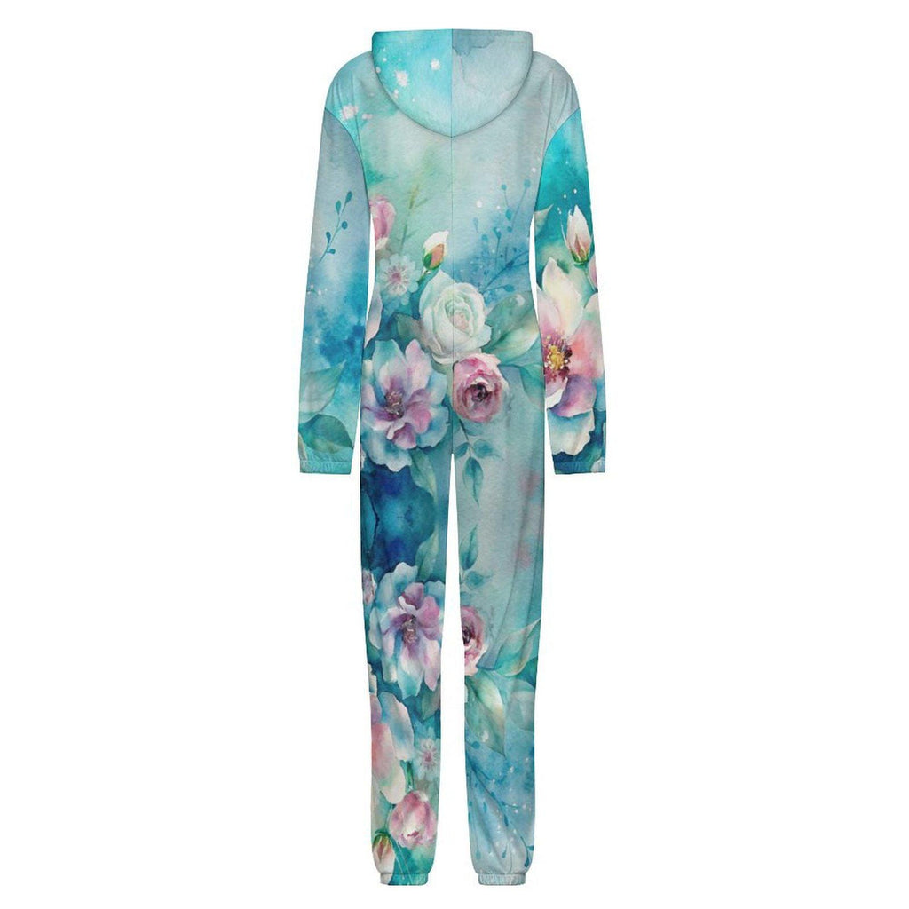 Turquoise Shabby Floral Unisex Pajamas Small- 4XL All  in One Jumpsuit Jumper Onesie