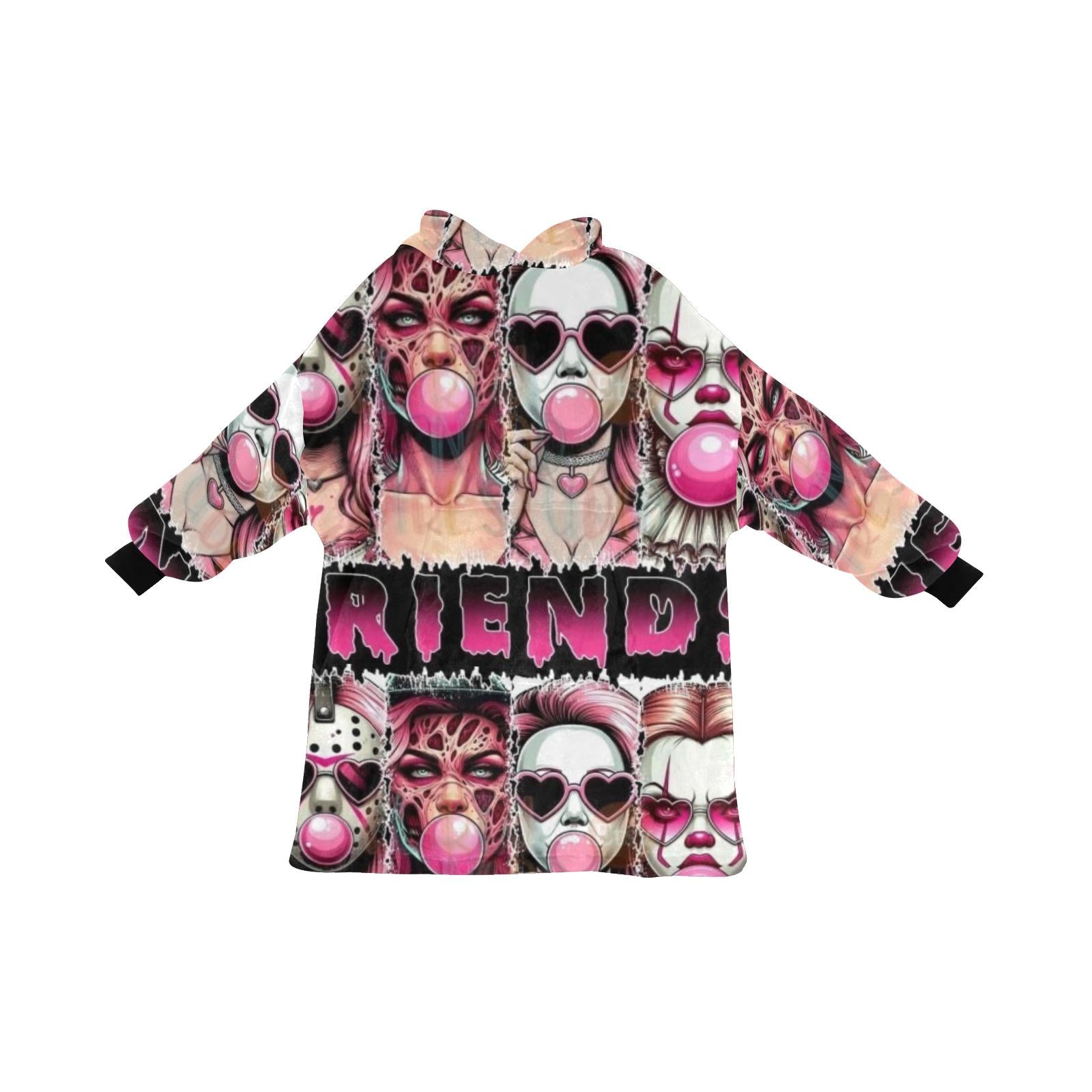 Retro GIRL Horror FRIENDS Blanket Pullover – Cozy Oversized Hoodie Featuring Myers, Chucky, Jason, Freddy & More
