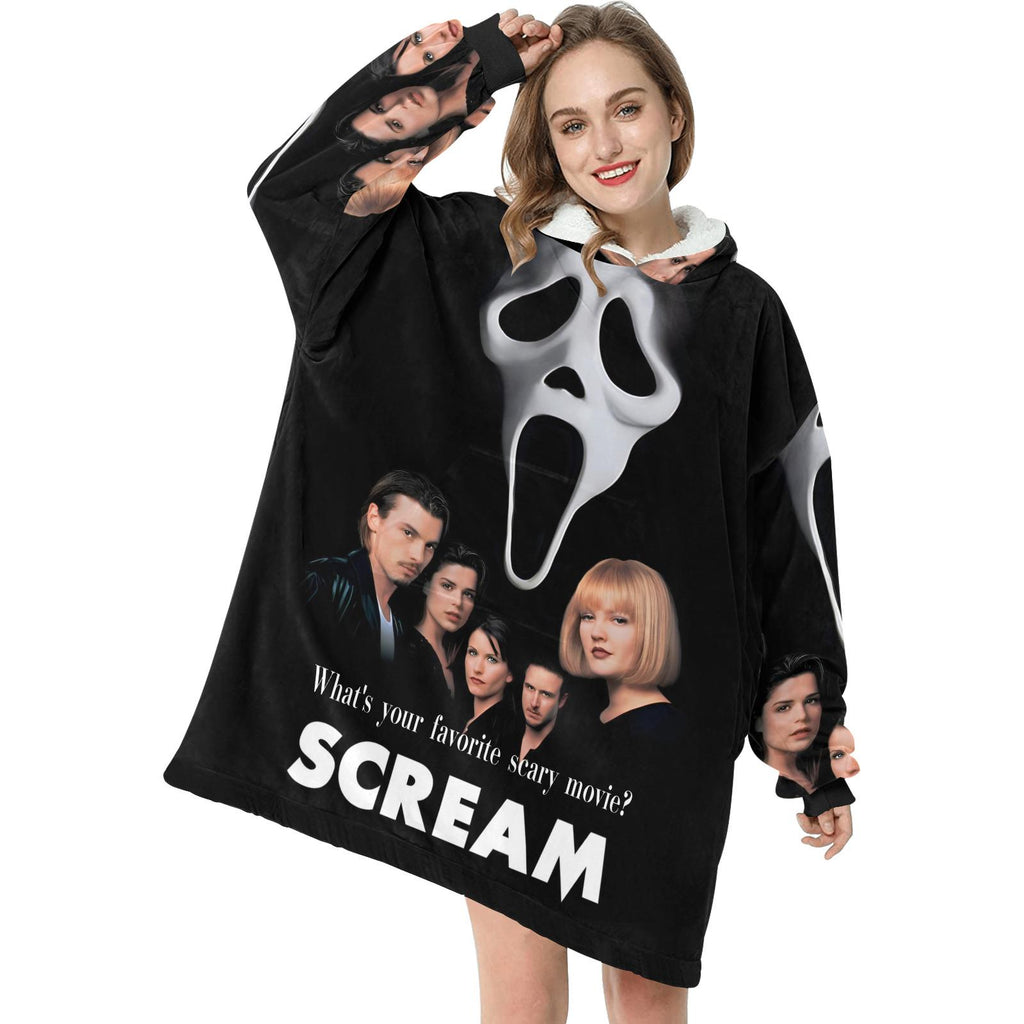 Retro SCREAM Wearable Blanket Pullover – Cozy Oversized Hoodie Featuring Ghostface