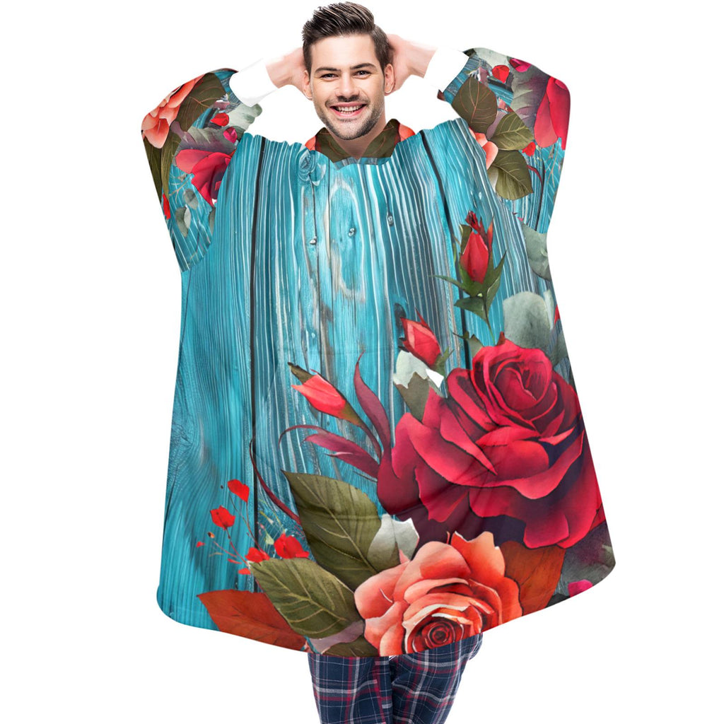 Plus Size Rustic Floral Turquoise Wearable Blanket Pullover Cozy Oversized Hoodie