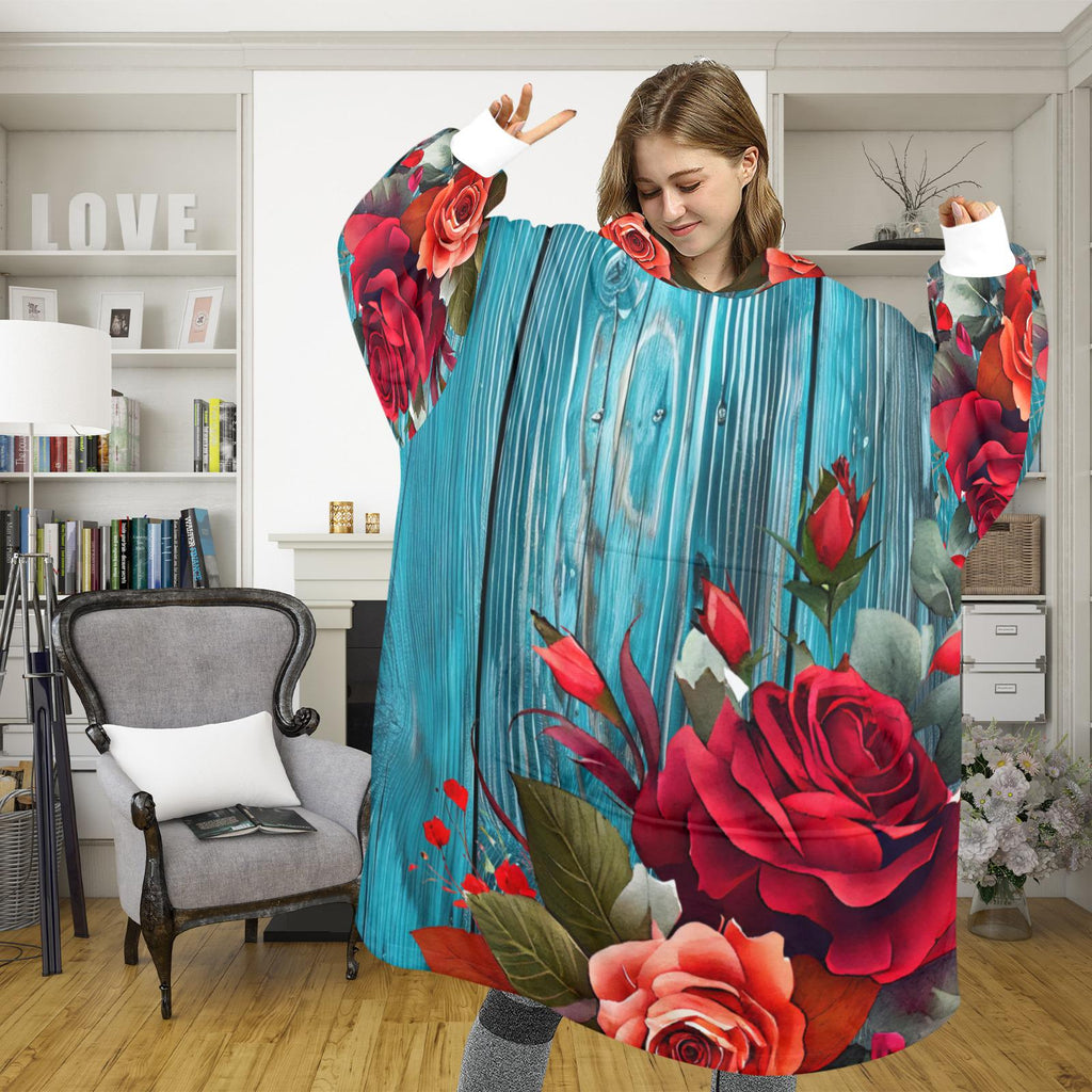 Plus Size Rustic Floral Turquoise Wearable Blanket Pullover Cozy Oversized Hoodie