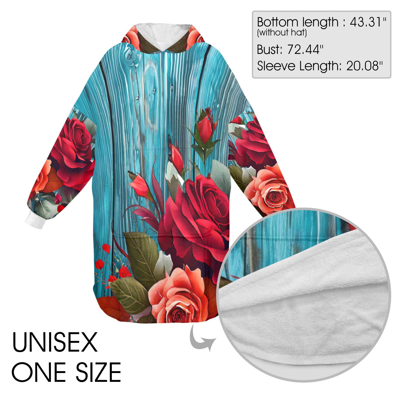 Plus Size Rustic Floral Turquoise Wearable Blanket Pullover Cozy Oversized Hoodie