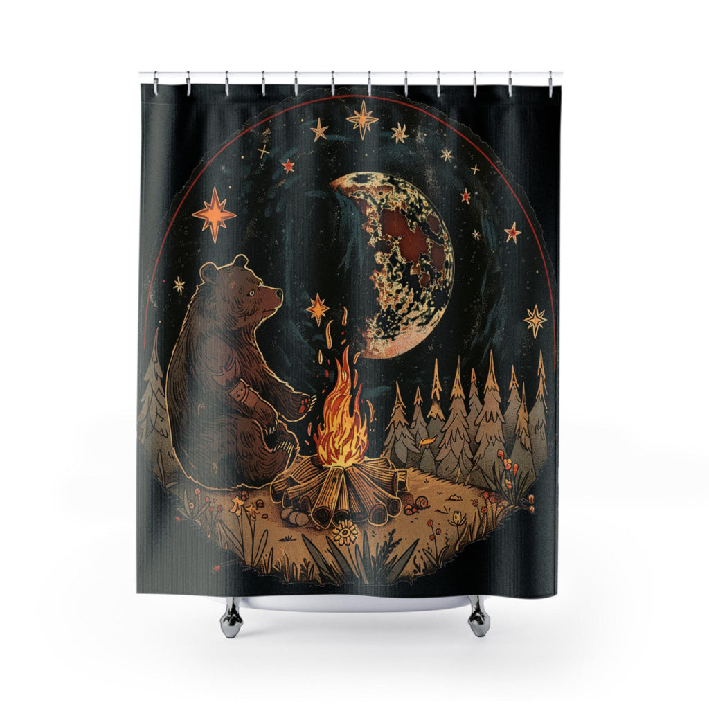 Brown Bear Camping under Moonlight Shower Curtain | Woodland Camping Scene