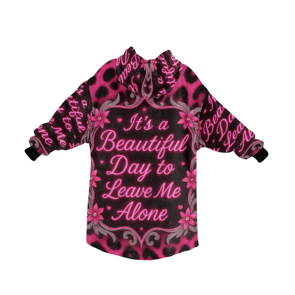 Pink Leopard Leave Me Alone Blanket Pullover – Cozy Oversized Hoodie Wearable One Size