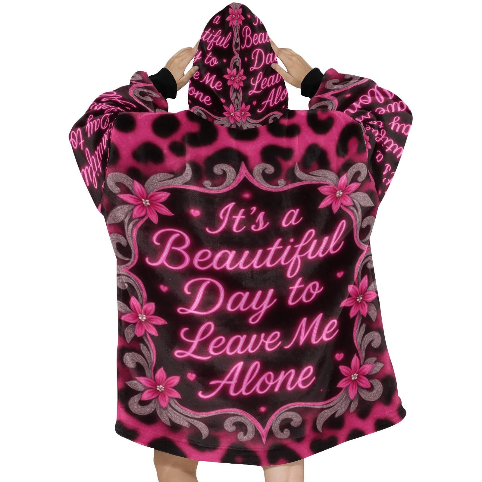 Pink Leopard Leave Me Alone Blanket Pullover – Cozy Oversized Hoodie Wearable One Size