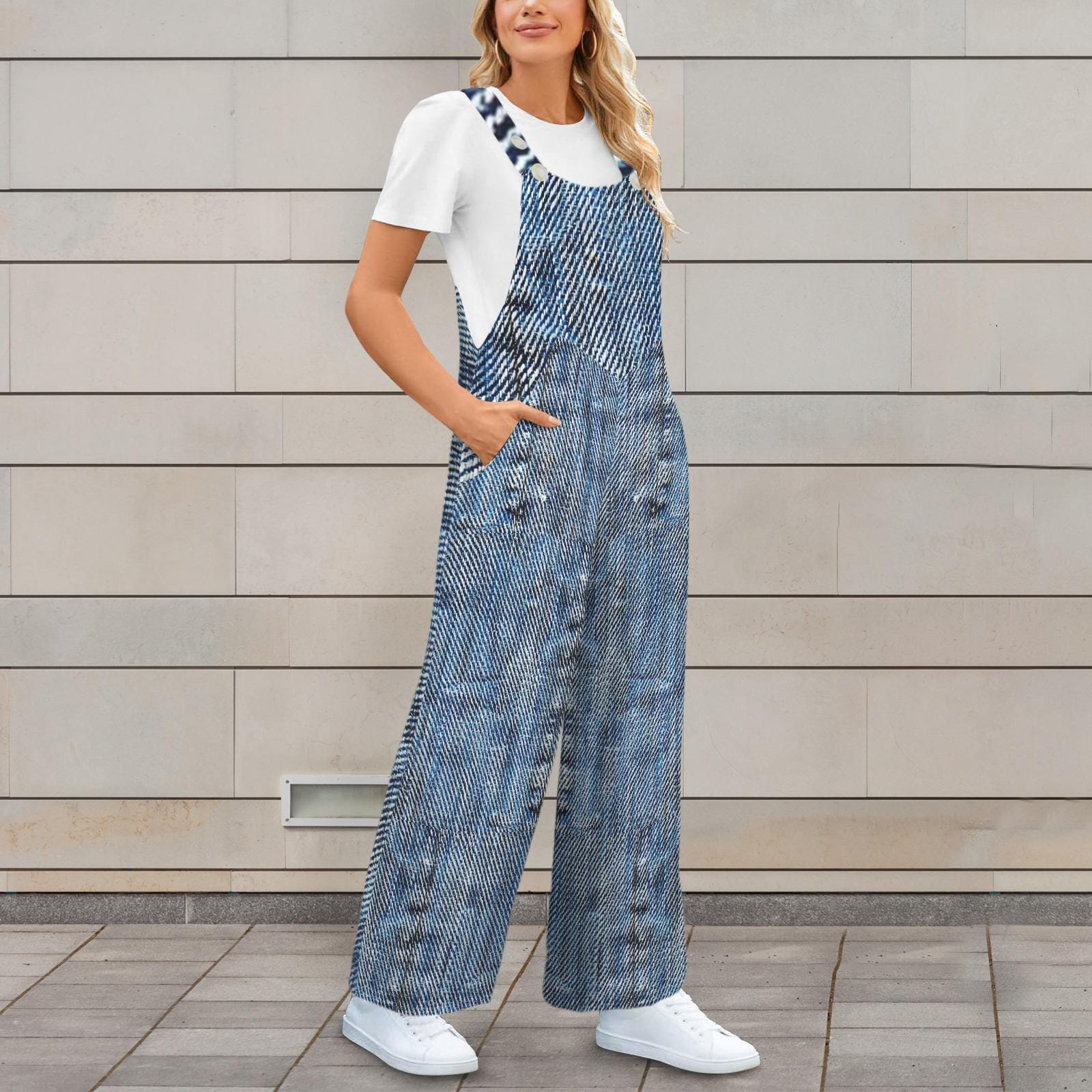 Plus Size Vintage Denim Look Jumpsuit Jumper Overalls | Blue Small–5XL