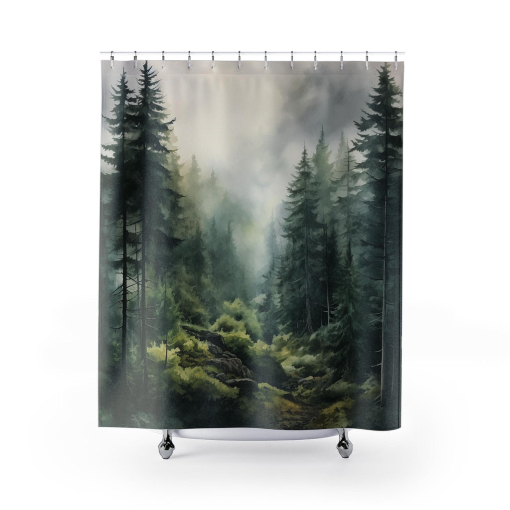 Rustic Misty Mountain Shower Curtain | Grey Green Blue Wilderness