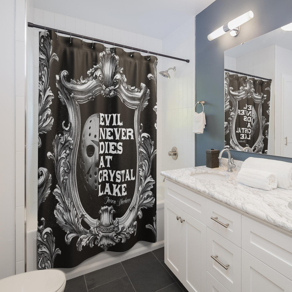 Jason Evil Never Dies at Crystal Lake Shower Curtain | Ornate Black Silver Frame Retro Horror