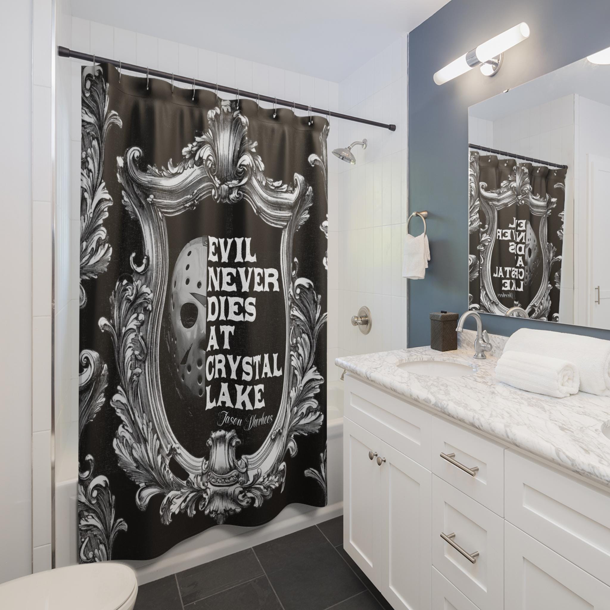 Jason Evil Never Dies at Crystal Lake Shower Curtain | Ornate Black Silver Frame Retro Horror