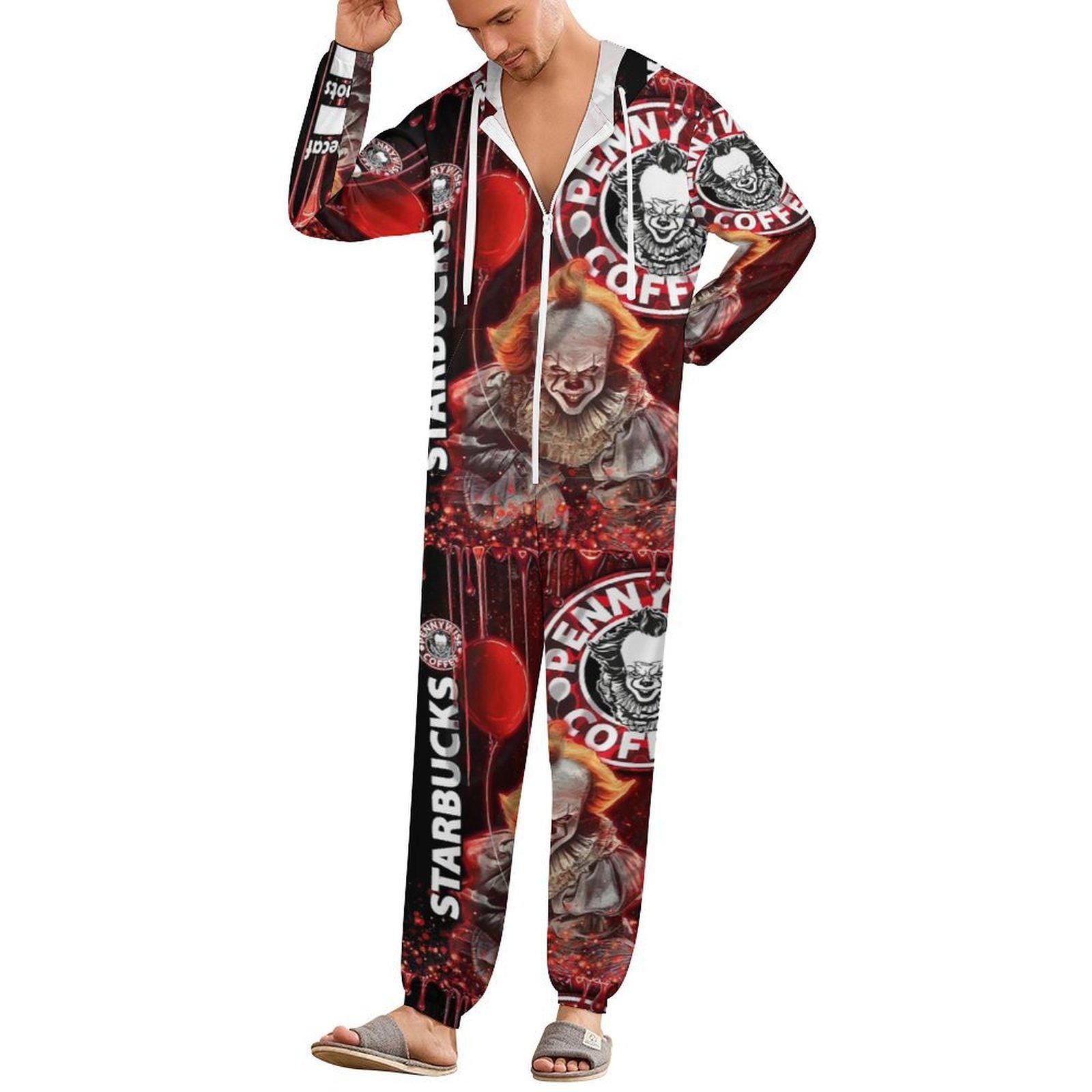 Pennywise Starbucks Coffee Unisex Red Creepy All-in-One Pajamas Jumpsuit Small–4XL