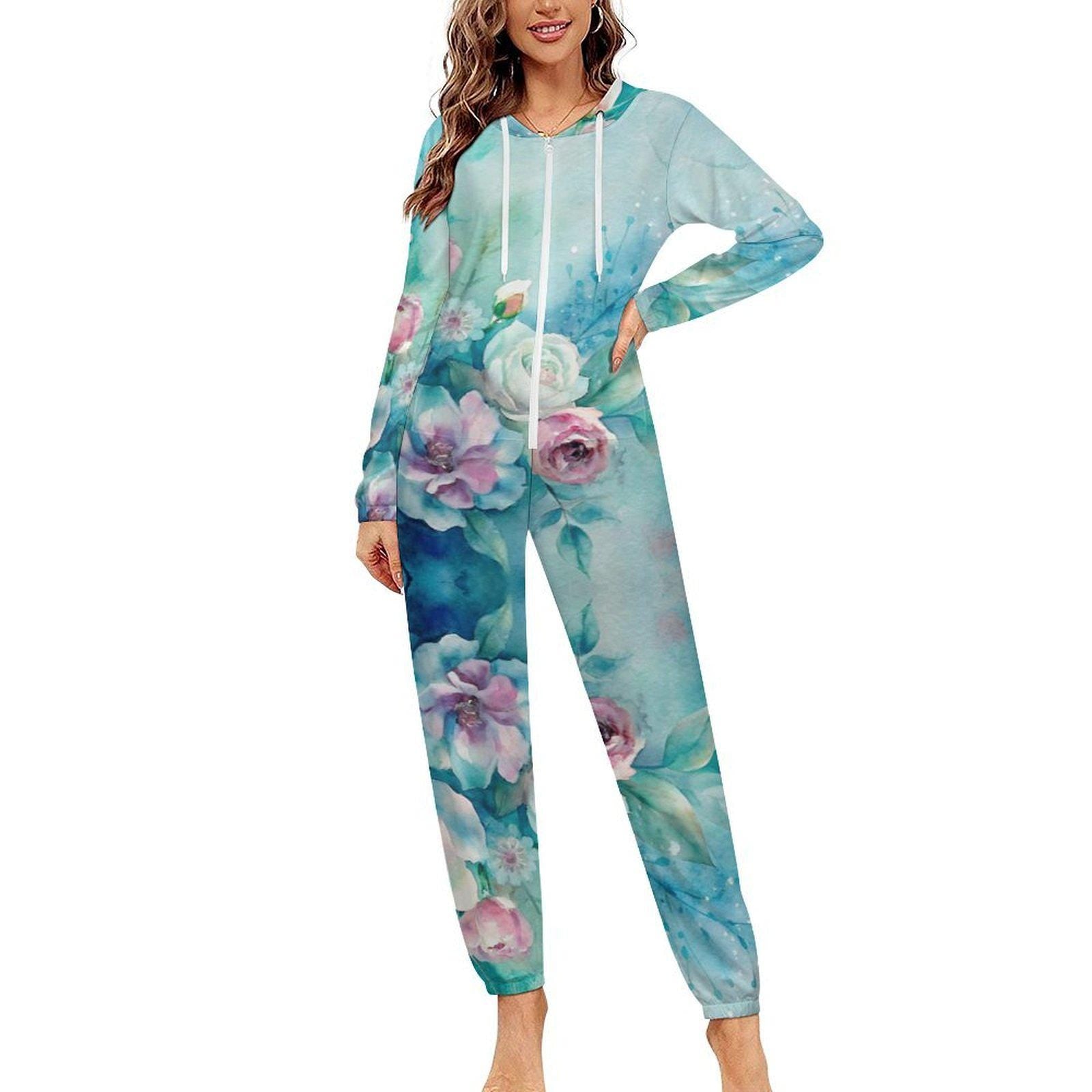 Turquoise Shabby Floral Unisex Pajamas Small- 4XL All  in One Jumpsuit Jumper Onesie