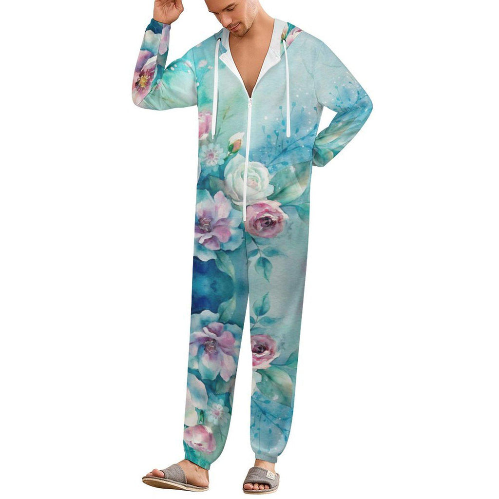Turquoise Shabby Floral Unisex Pajamas Small- 4XL All  in One Jumpsuit Jumper Onesie