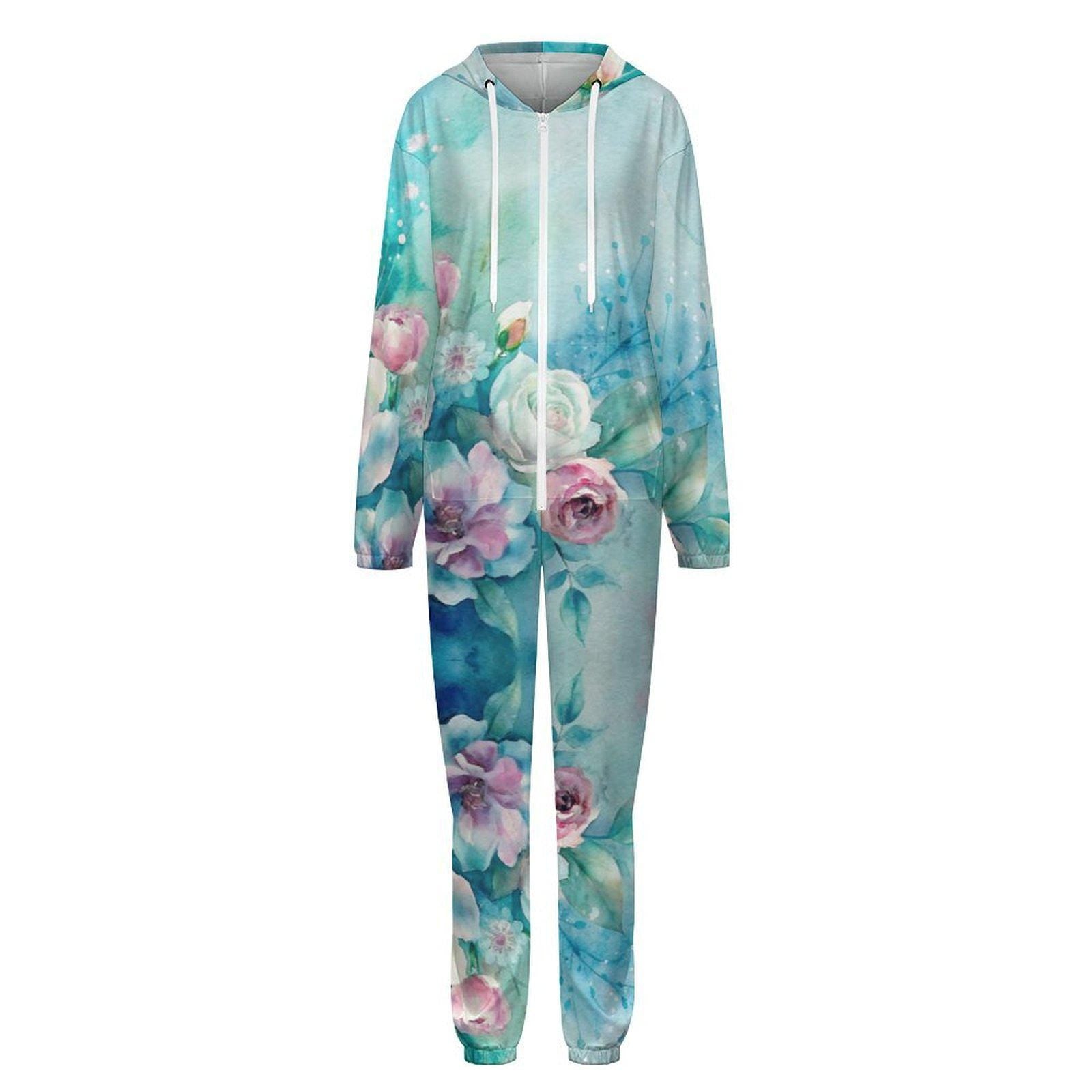 Turquoise Shabby Floral Unisex Pajamas Small- 4XL All  in One Jumpsuit Jumper Onesie