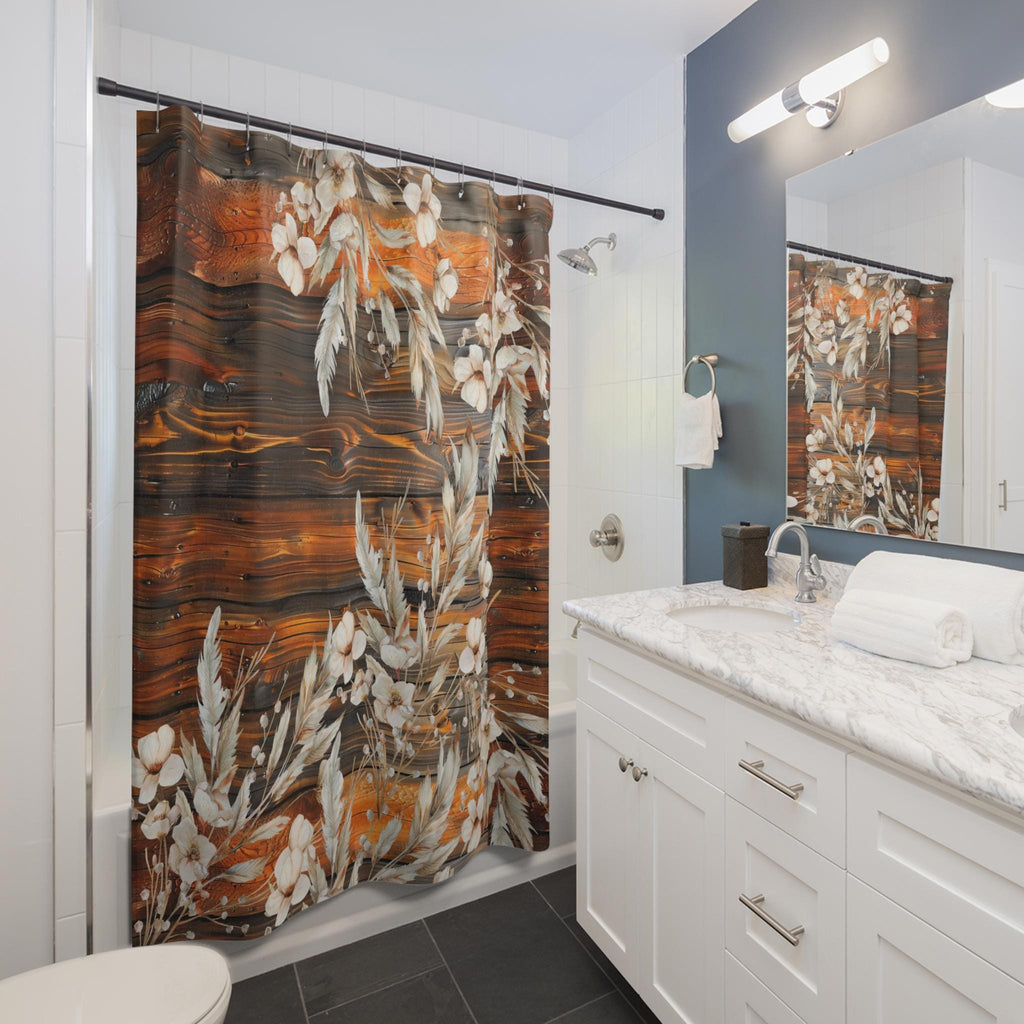 Rustic Cozy Boho Farmhouse Shower Curtain | Orange Silver Hues