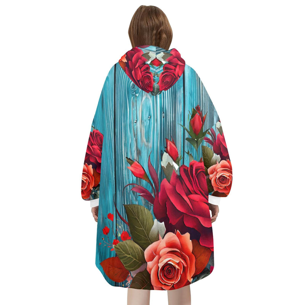 Plus Size Rustic Floral Turquoise Wearable Blanket Pullover Cozy Oversized Hoodie