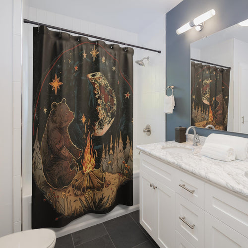 Brown Bear Camping under Moonlight Shower Curtain | Woodland Camping Scene