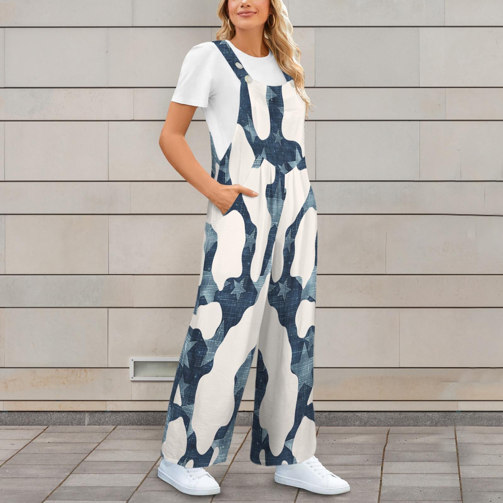 Cow Styled Denim Inspired Look Jumpsuit Jumper Overalls | Blue Small–4XL