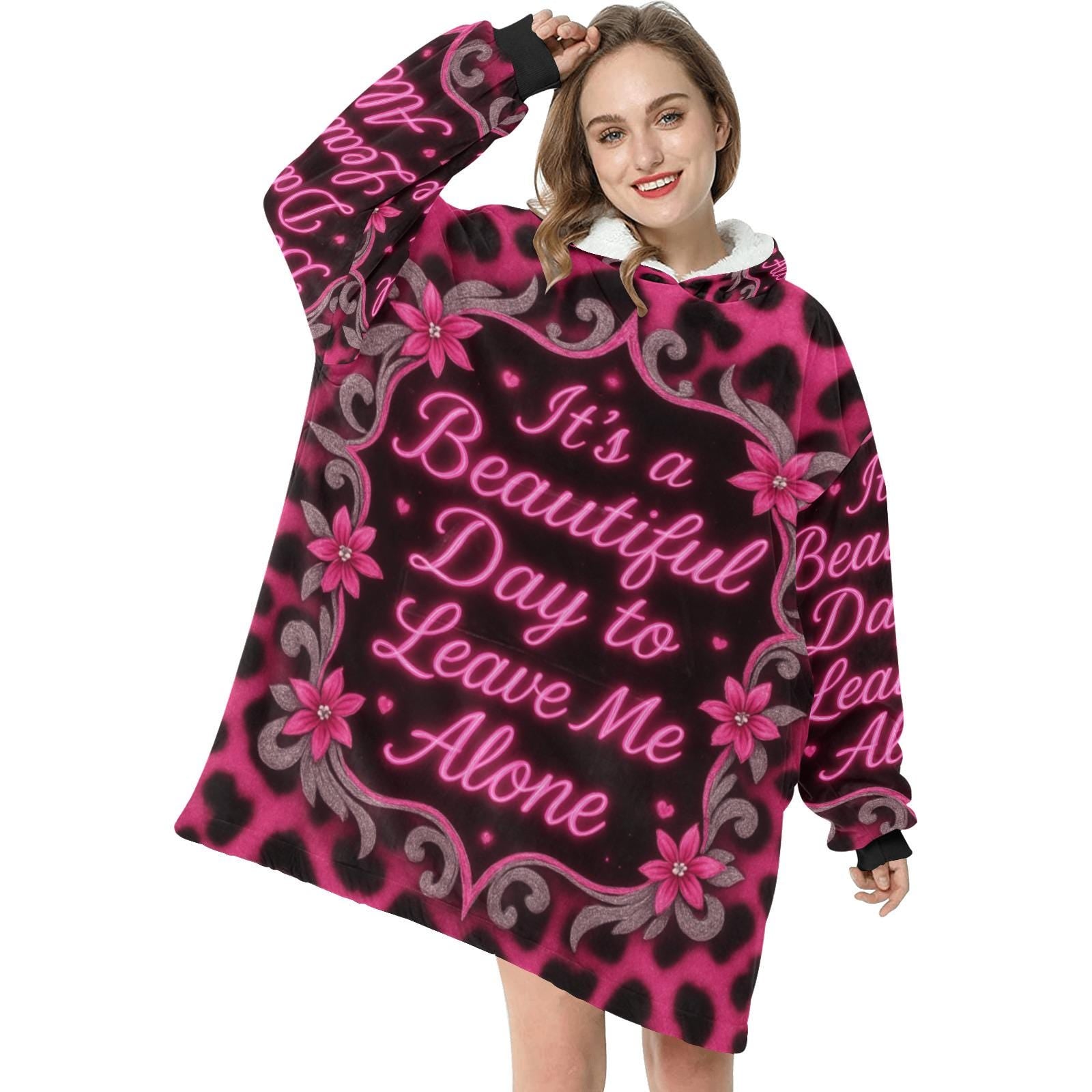 Pink Leopard Leave Me Alone Blanket Pullover – Cozy Oversized Hoodie Wearable One Size