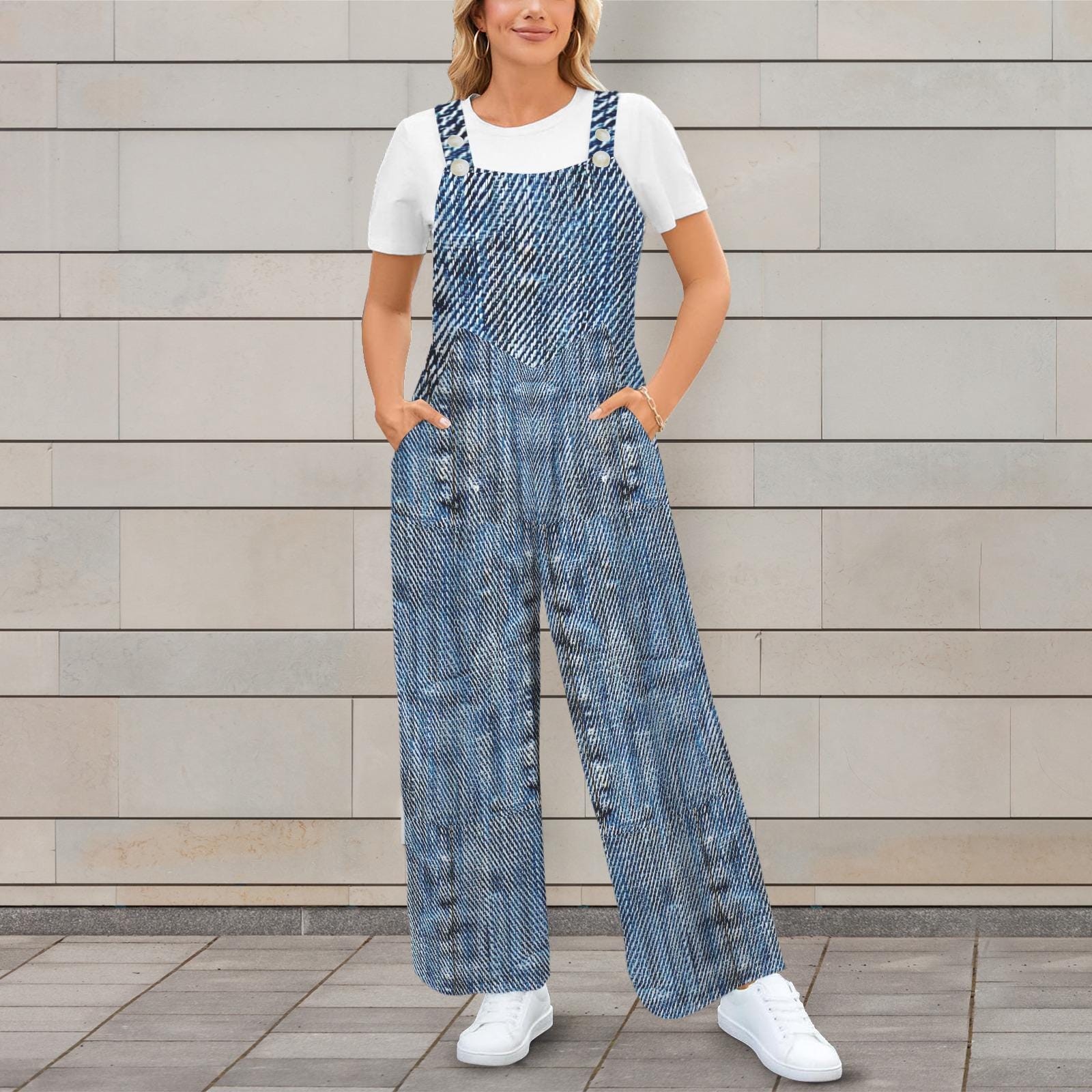 Plus Size Vintage Denim Look Jumpsuit Jumper Overalls | Blue Small–5XL