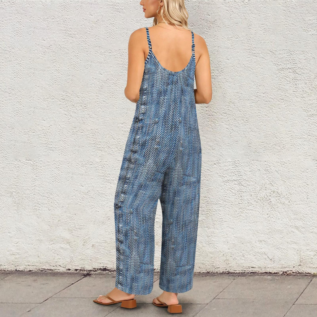 Plus Size Wide Leg Vintage Denim Look Jumpsuit Jumper Overalls | Blue Small–5XL
