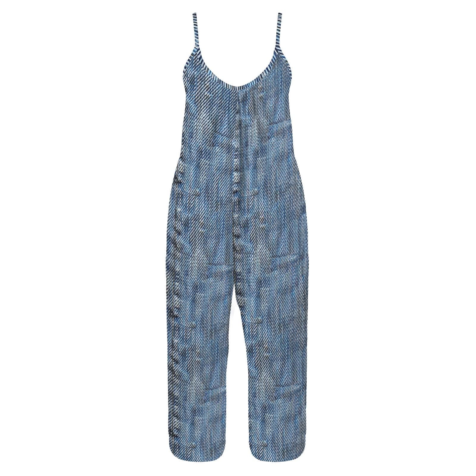 Plus Size Wide Leg Vintage Denim Look Jumpsuit Jumper Overalls | Blue Small–5XL