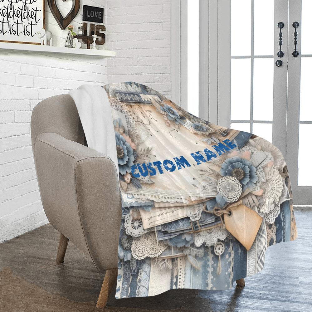 Distressed Denim Floral Journal Style Blanket, Keepsake Custom Throw Pick Size