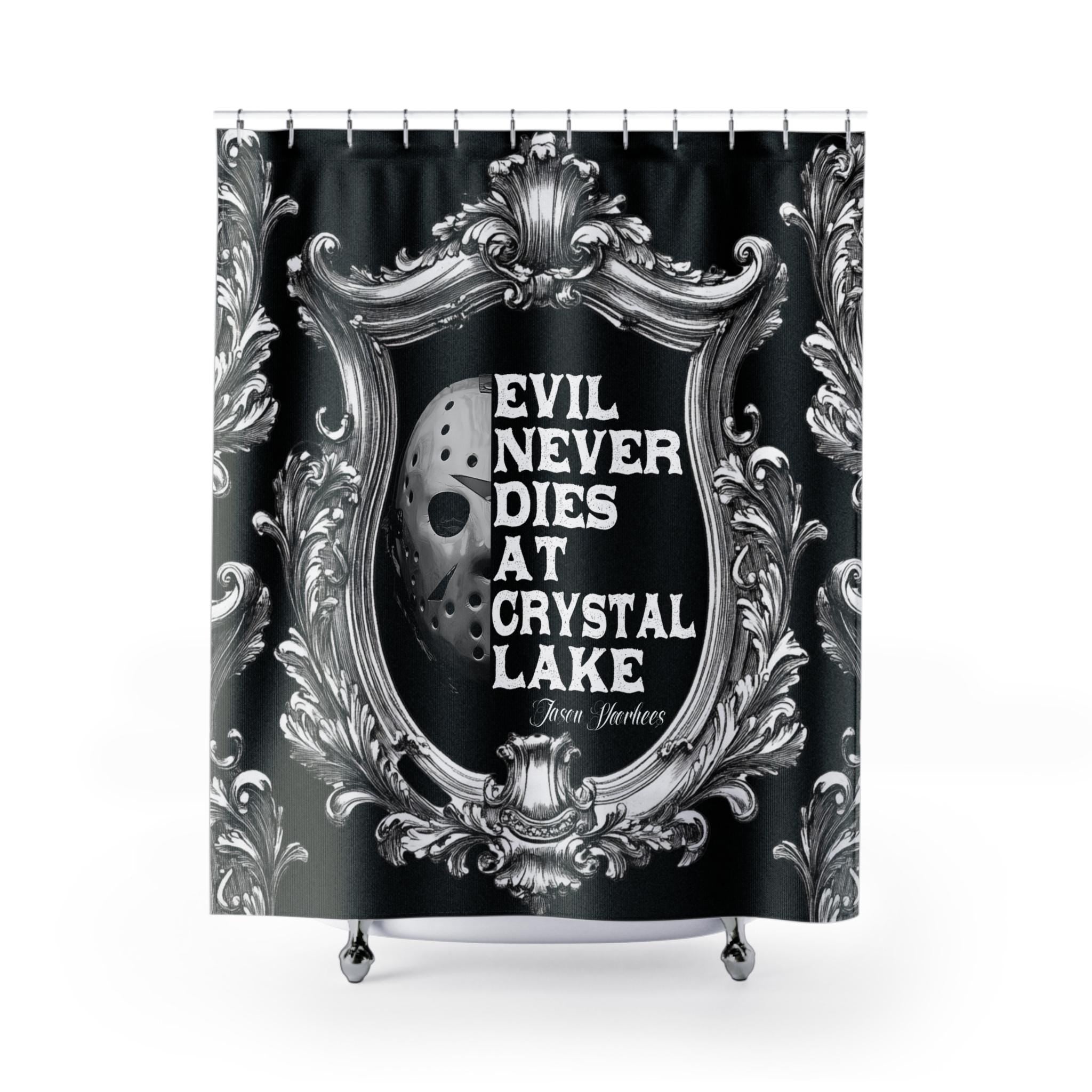 Jason Evil Never Dies at Crystal Lake Shower Curtain | Ornate Black Silver Frame Retro Horror