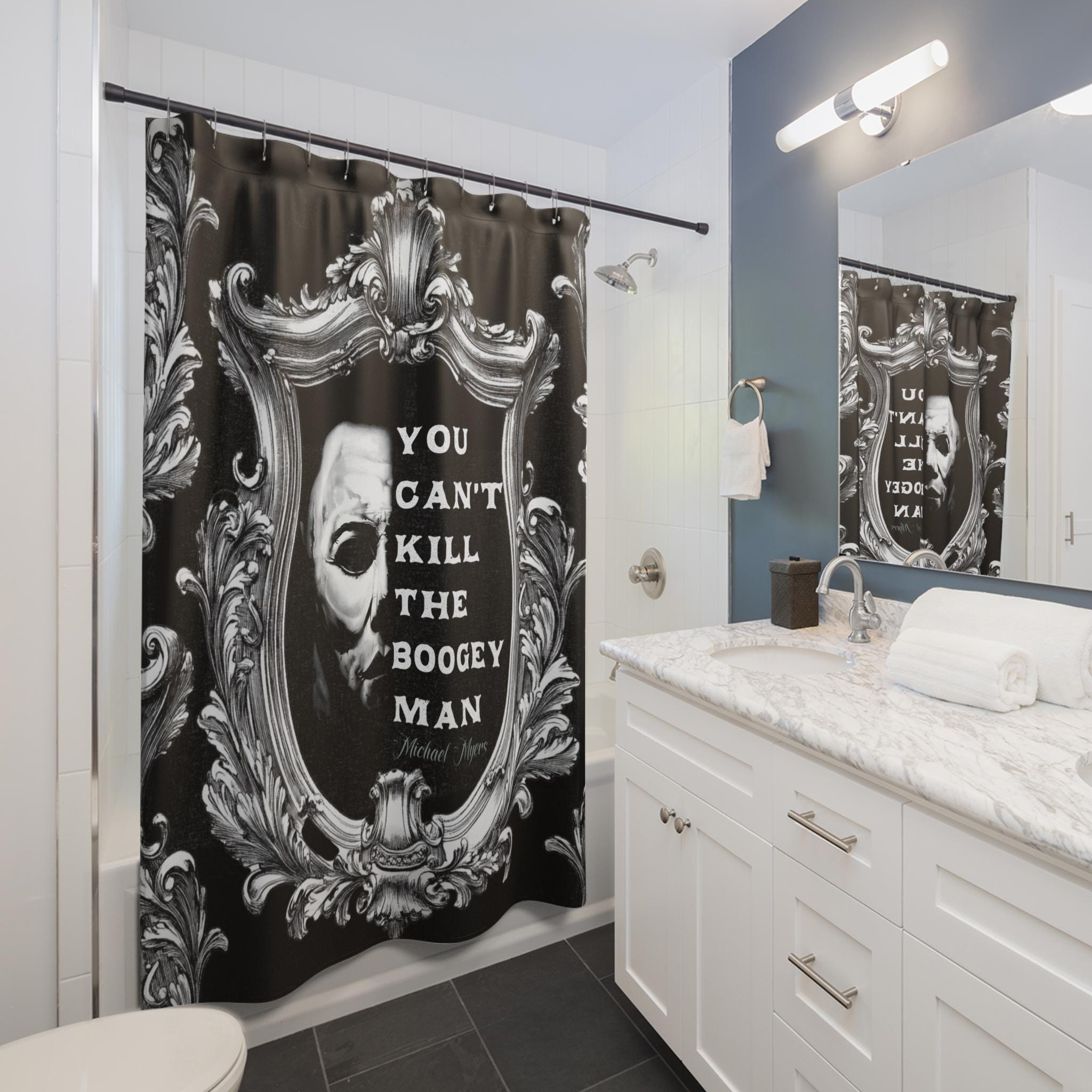 Michael Myers You Can't Kill the Boogeyman Shower Curtain | Ornate Black Silver Frame