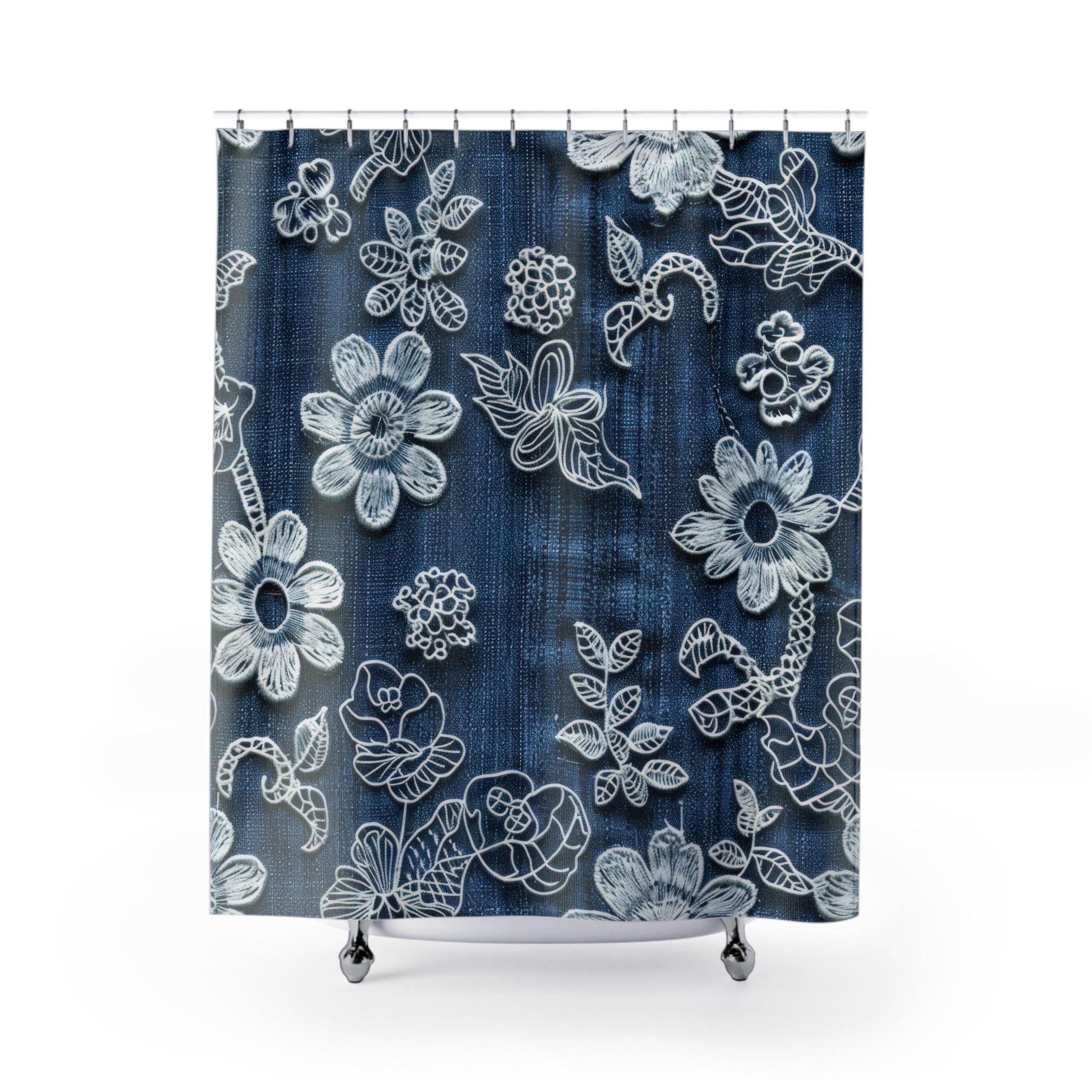 Blue Denim Floral Lace Shower Curtain | Cottagecore Bathroom Decor