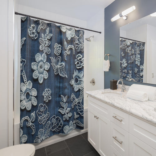 Blue Denim Floral Lace Shower Curtain | Cottagecore Bathroom Decor