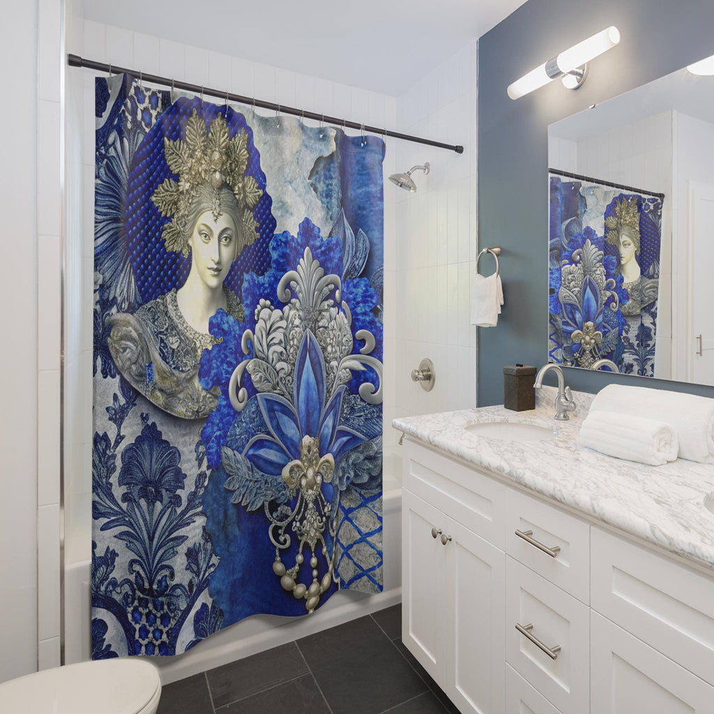 Renaissance Greek Goddess Ornate Blue Grey Shower Curtain | European Pattern