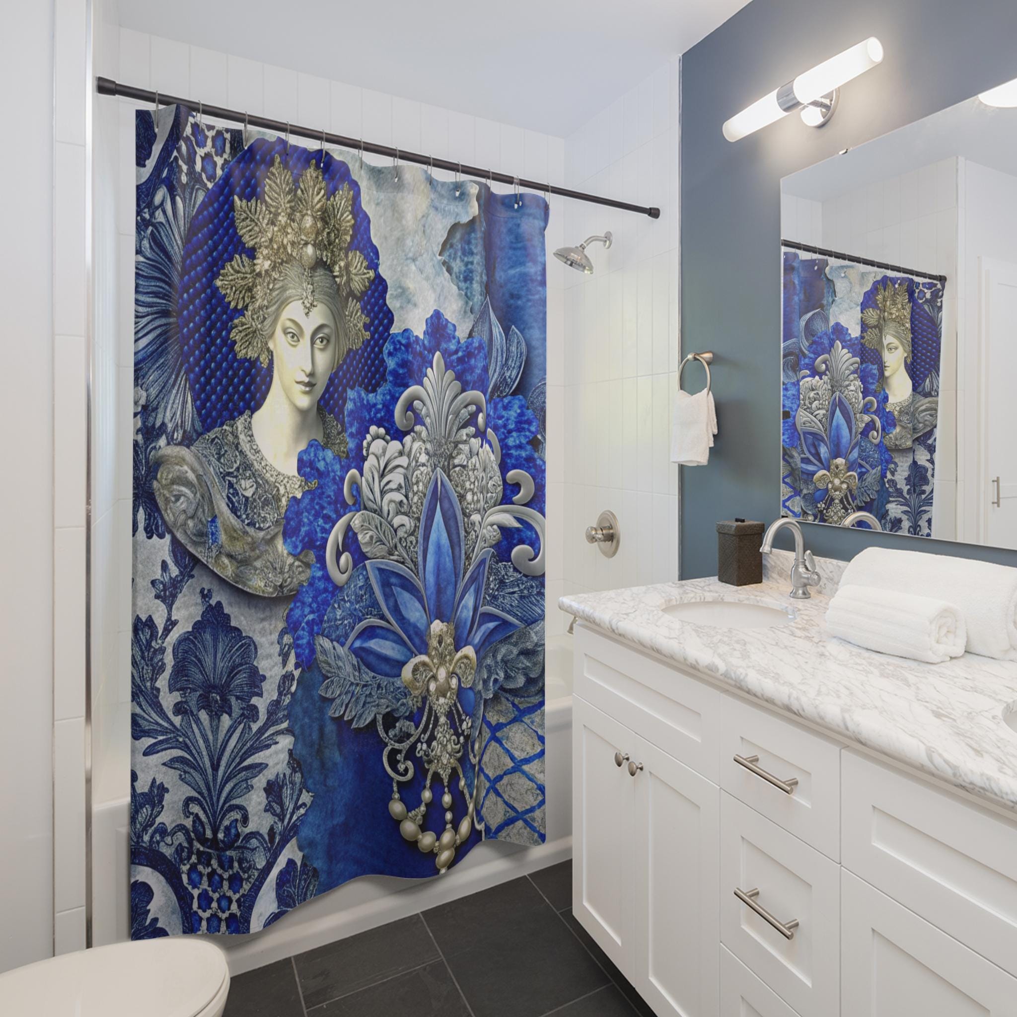 Renaissance Greek Goddess Ornate Blue Grey Shower Curtain | European Pattern