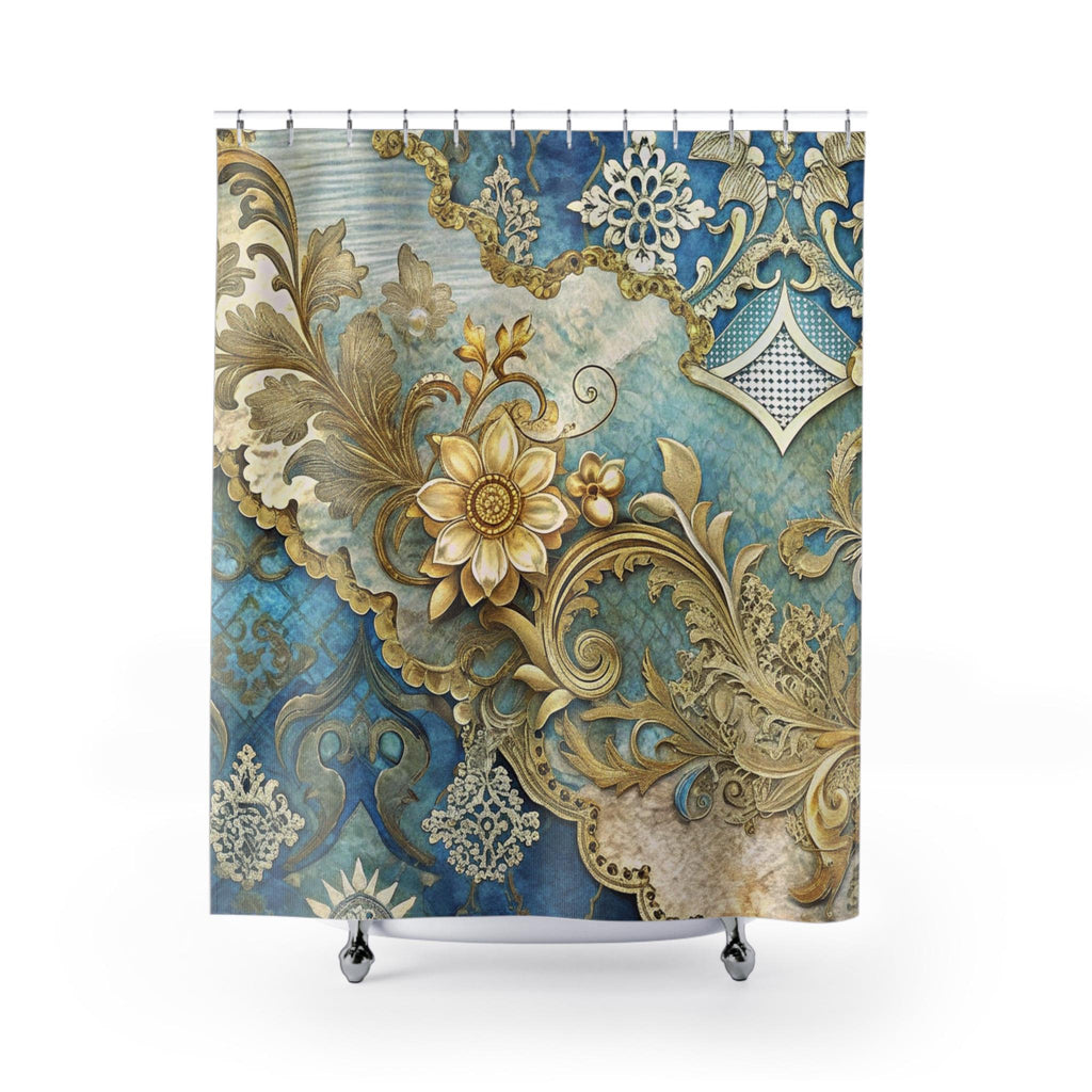 Renaissance Ornate Blue and Gold Shower Curtain | Baroque Floral Pattern, Luxurious Bath Décor