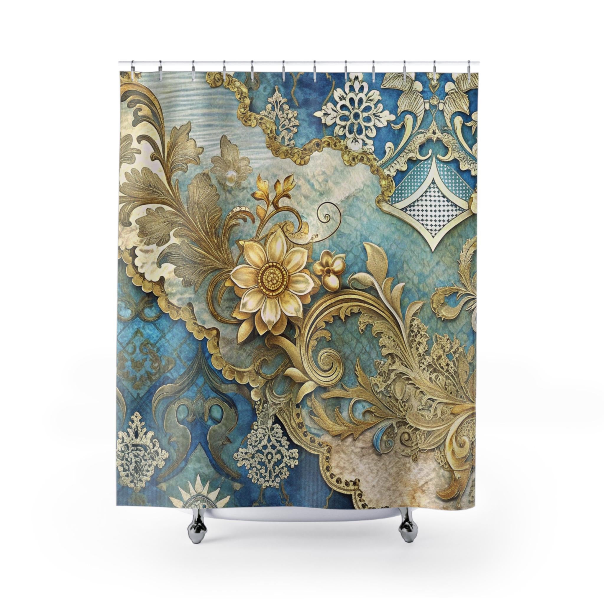 Renaissance Ornate Blue and Gold Shower Curtain | Baroque Floral Pattern, Luxurious Bath Décor