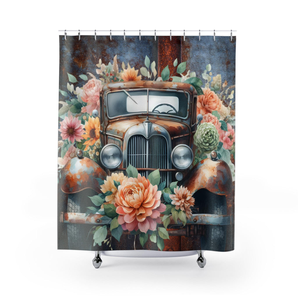 Rusty Antique Car with Florals Shower Curtain | Metal Grunge Background