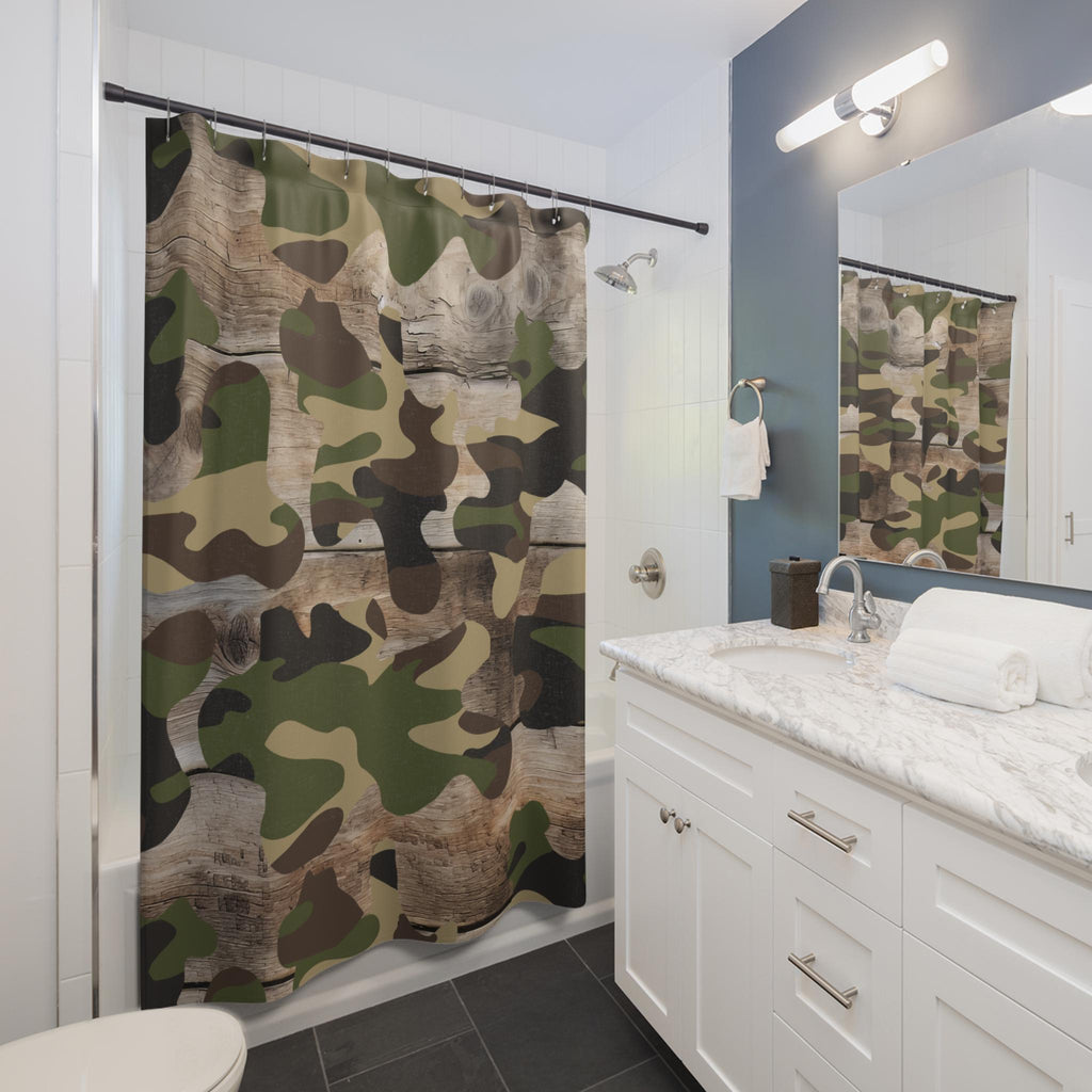 Rustic Barnwood Camouflage Shower Curtain | Farmhouse Camo Bathroom Decor