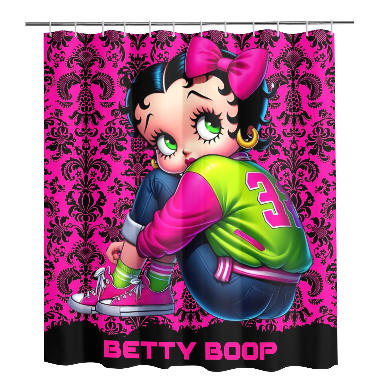 Damask Betty Boop Fan  – Pink Black Retro Cottage Chic Bathroom Decor