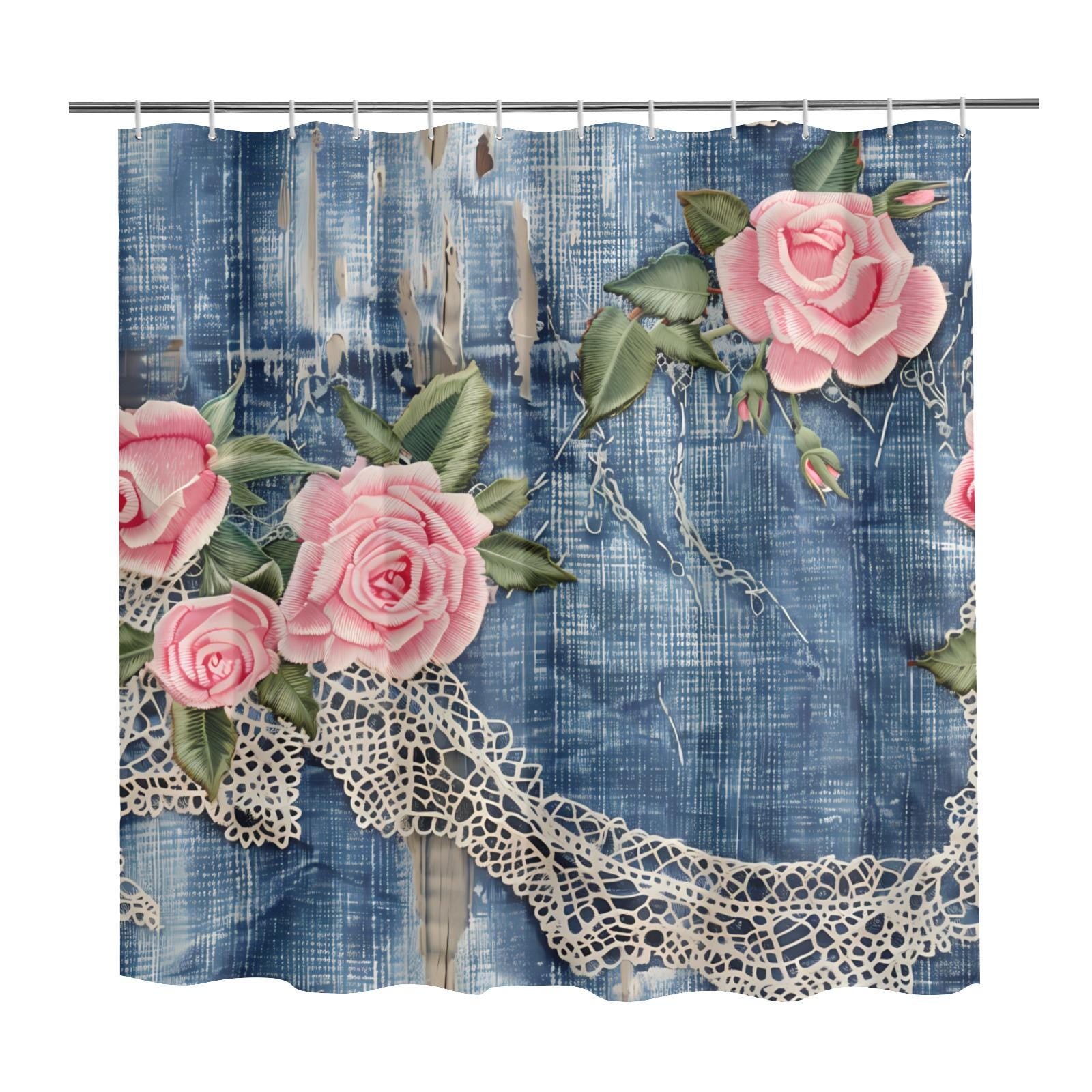 Denim Lace Shabby Floral Shower Curtain