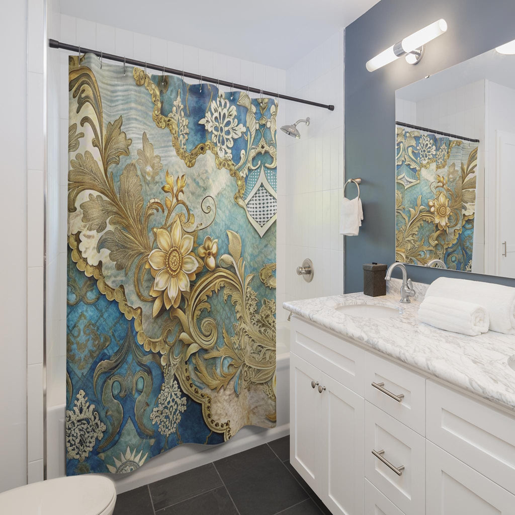 Renaissance Ornate Blue and Gold Shower Curtain | Baroque Floral Pattern, Luxurious Bath Décor