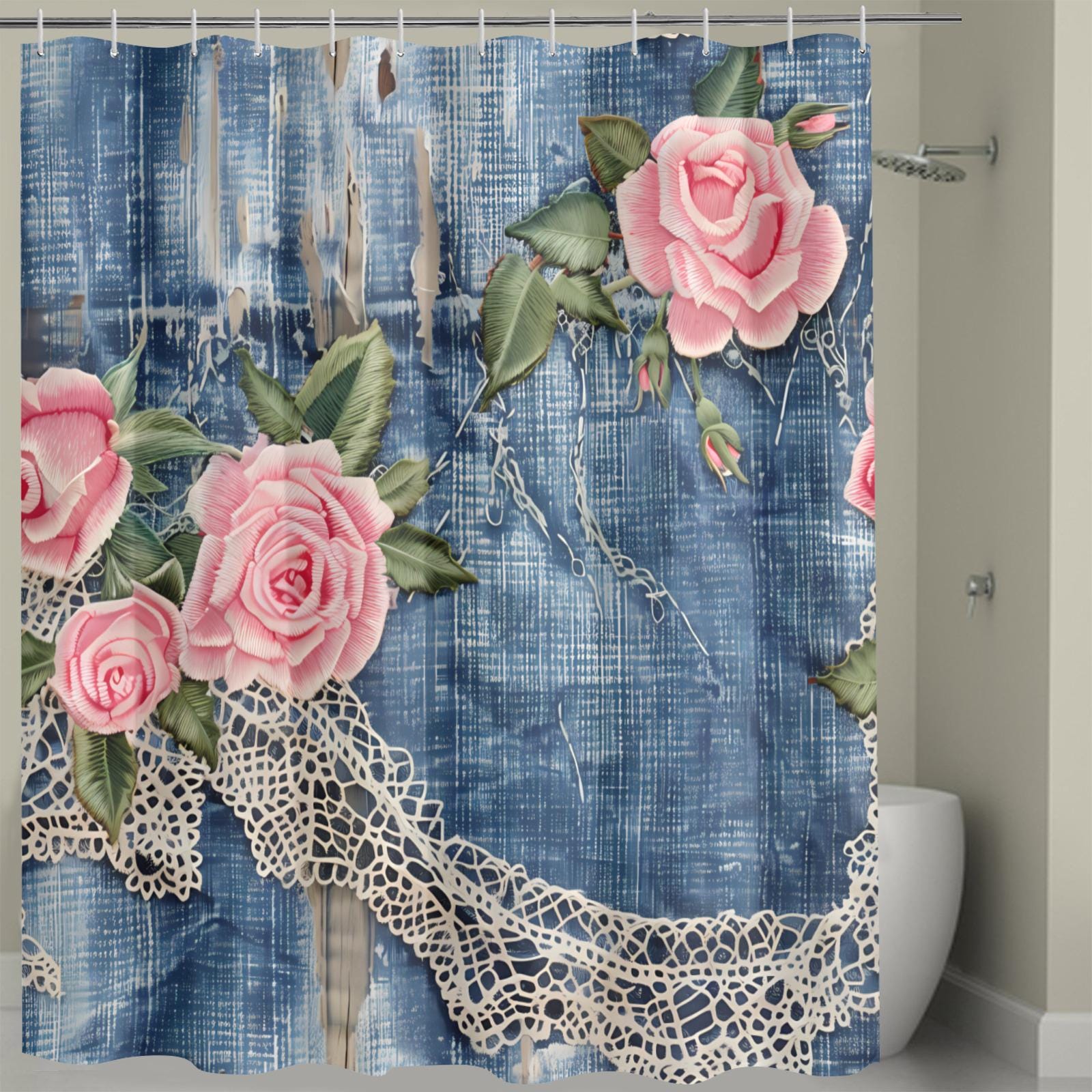 Denim Lace Shabby Floral Shower Curtain