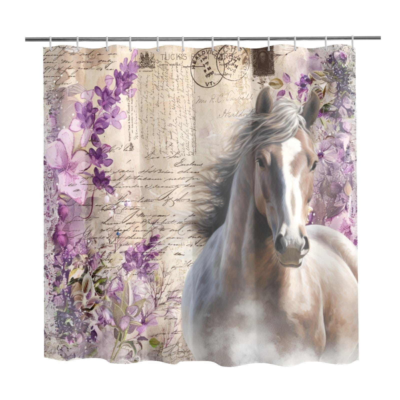 Rustic Floral Galloping Horse Shower Curtain – Vintage Western Bathroom Decor, All Sizes