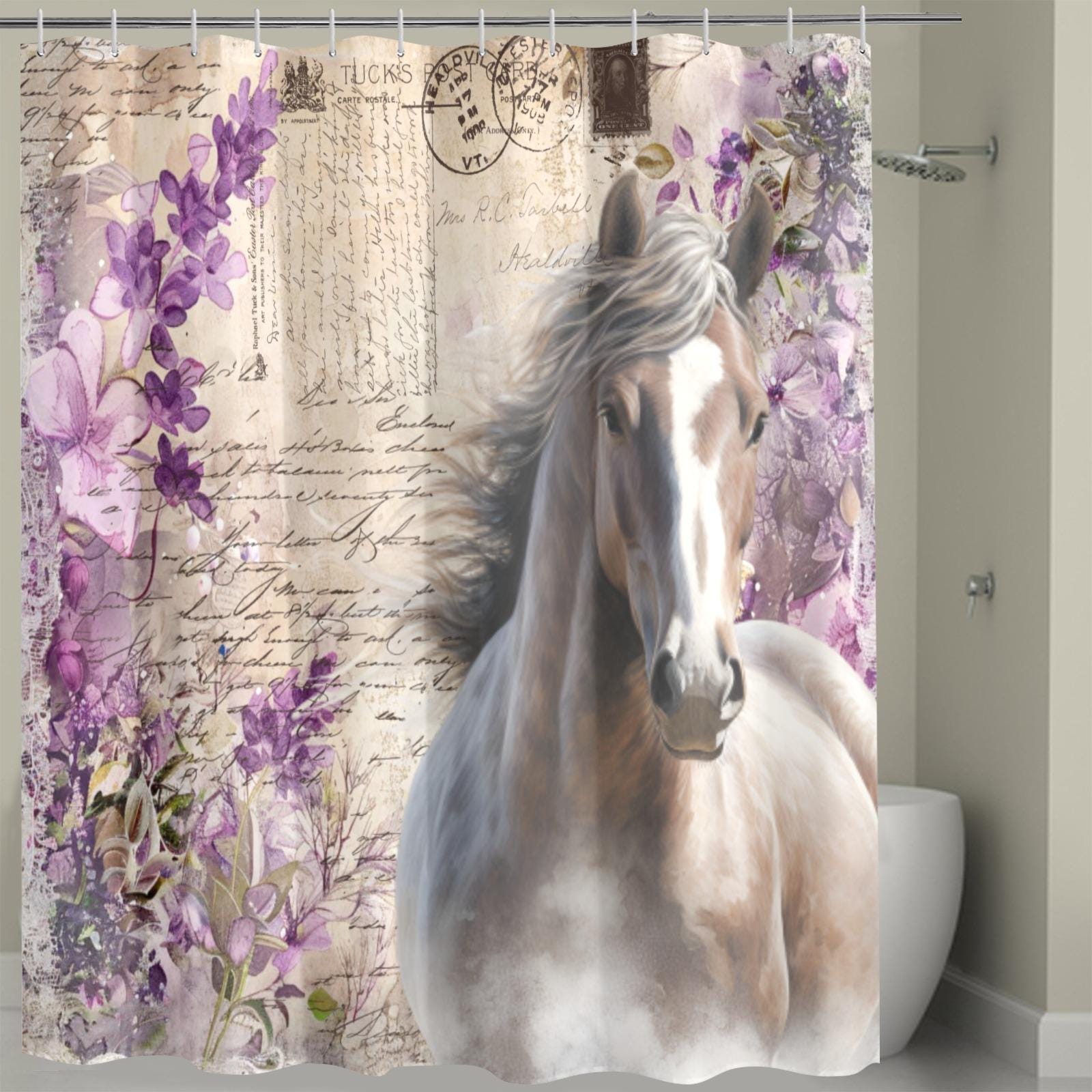 Rustic Floral Galloping Horse Shower Curtain – Vintage Western Bathroom Decor, All Sizes
