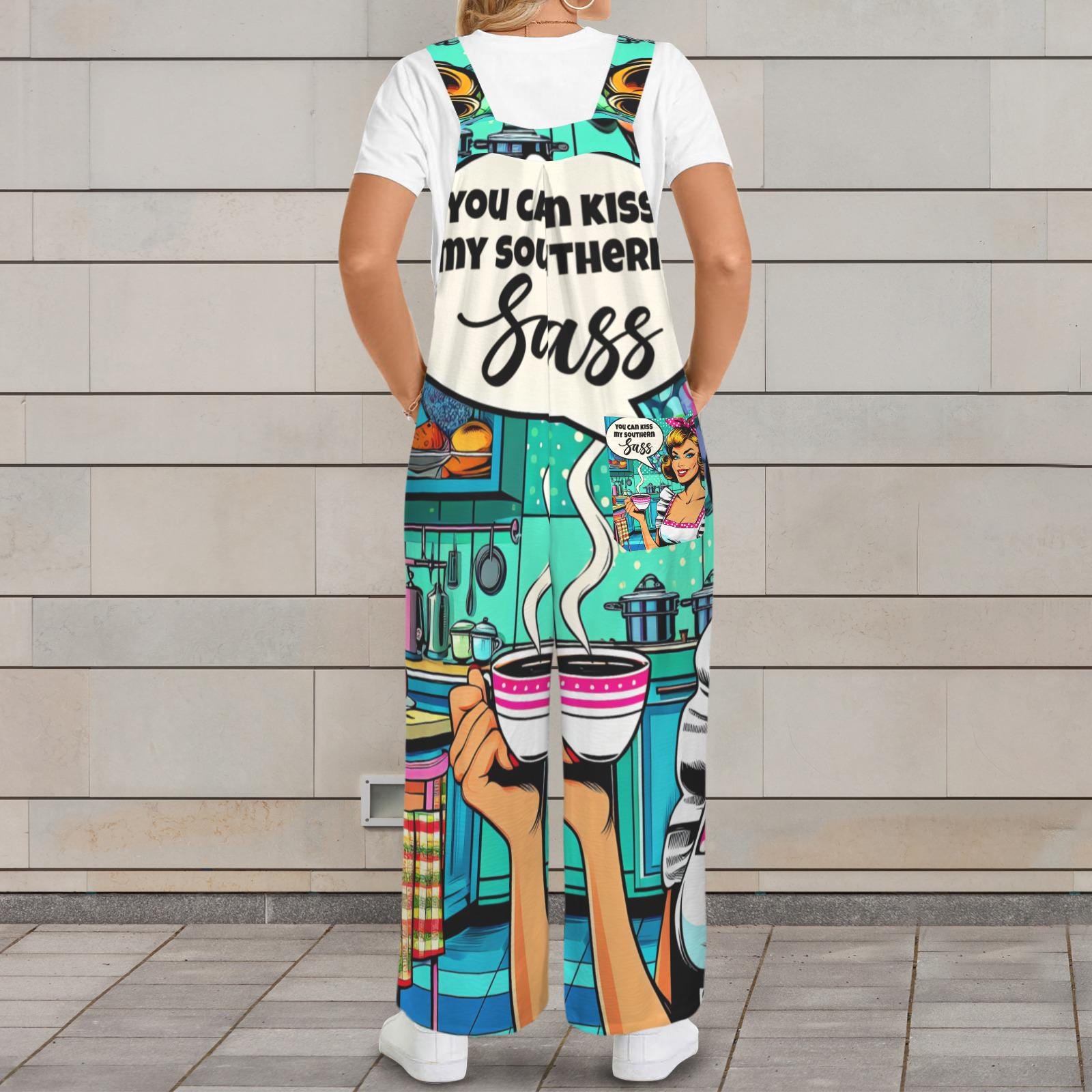 Kiss My Southern Sass Jumpsuit, Vintage Pin-Up Wide Leg Overalls, Funny Graphic Outfit, Teal Aesthetic Statement Romper, Trendy Streetwear
