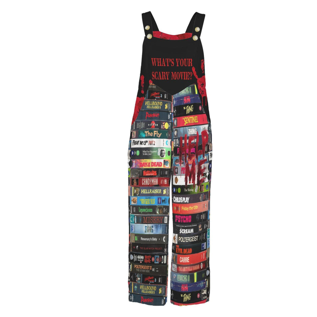 Horror Movie VHS Collage Jumpsuit, Gothic Streetwear, Spooky Graphic Romper