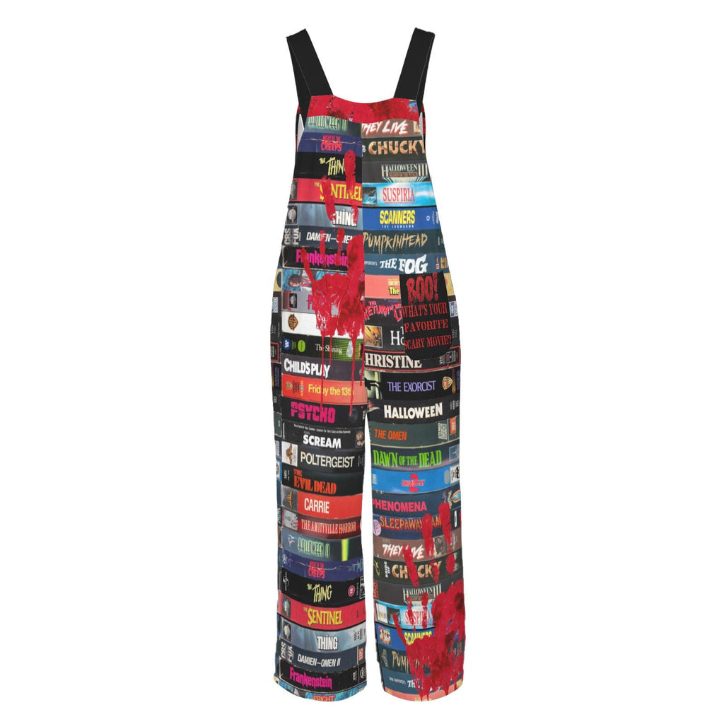 Horror Movie VHS Collage Jumpsuit, Gothic Streetwear, Spooky Graphic Romper