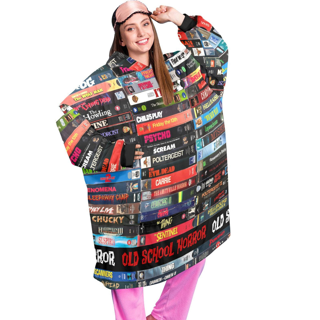 VHS Horror Movie Wearable Blanket Hoodie, Old School Retro Horror Fan Lounger